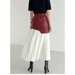 Burgundy white Statement asymmetric Half leather Pleated bottom Skirt size-L